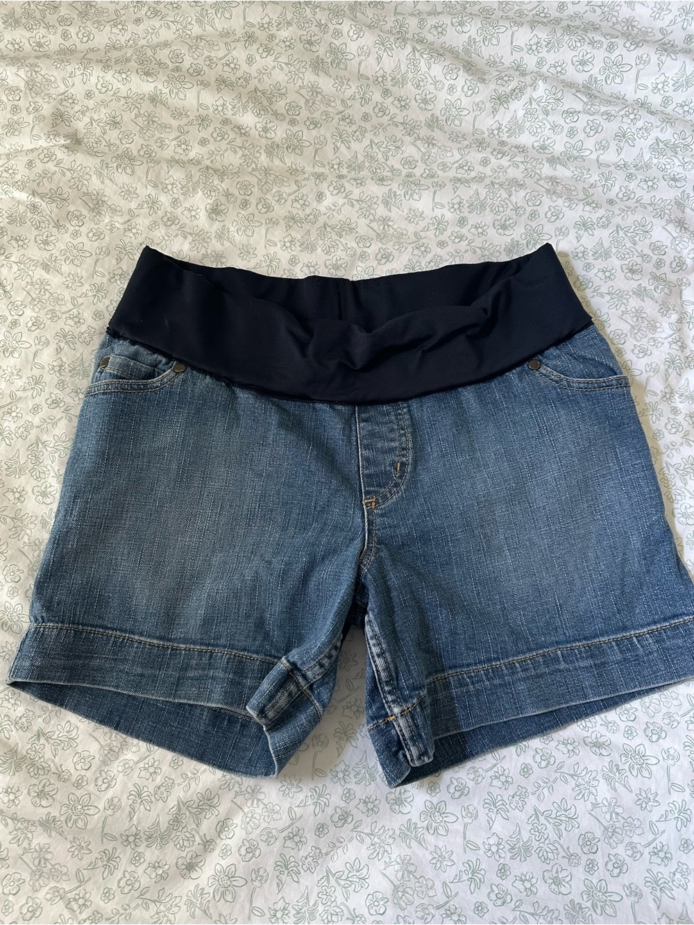 Liz Lange Blue Denim Maternity Shorts with Navy Waistband